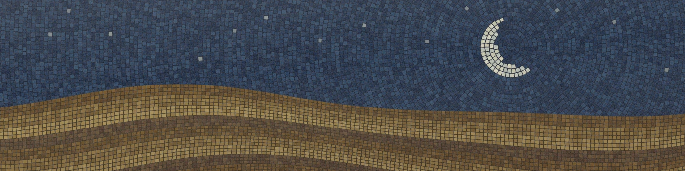 A flowing mosaic of small, hand-cut ceramic tiles: a dark blue sky surrounds a pale crescent moon, scattered moon-colored star tiles above darkened amber fields.