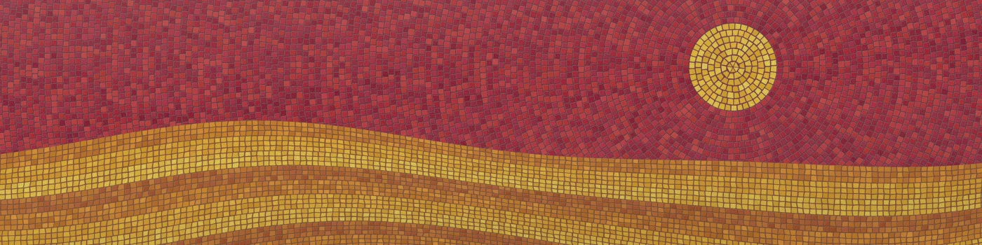 A flowing mosaic of small, hand-cut ceramic tiles: a crimson sky radiates around a golden sun above ribbon-like amber fields.